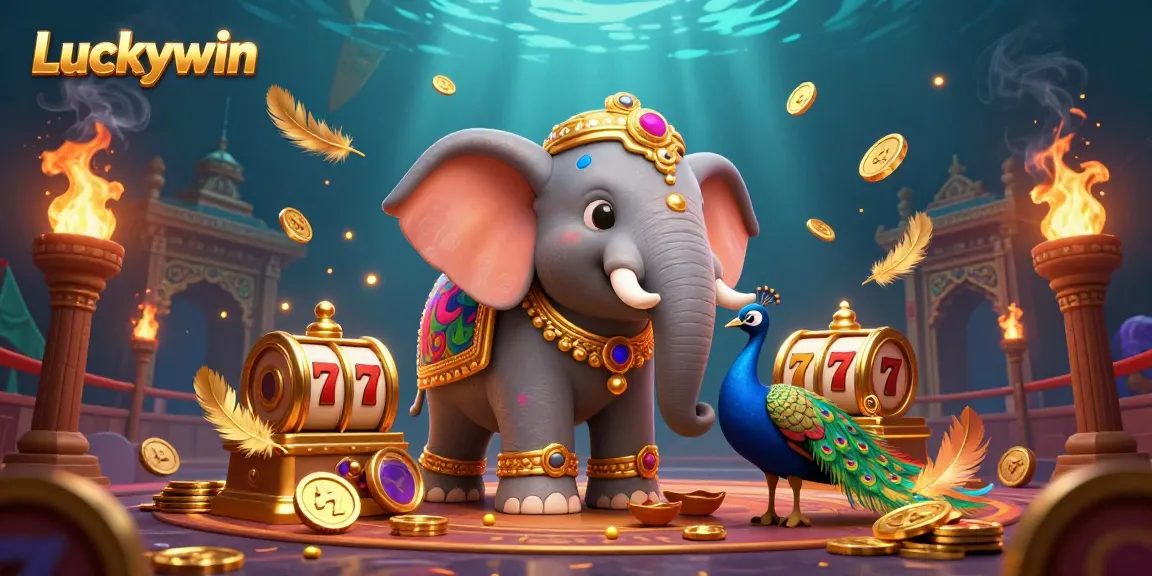Experience the excitement of Luckywin as the 3D elephant wins gold coins amid a vibrant casino atmosphere.