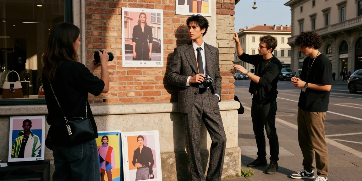 Services photographiques mode Milan d'un modèle dans un costume devant un mur en brique avec des accessoires.