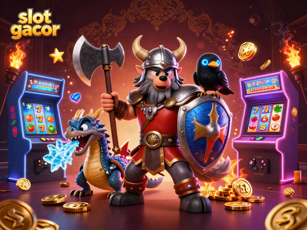 Spin the slot gacor with Viking warriors and dragons in a vibrant casino scene of ice and gold.