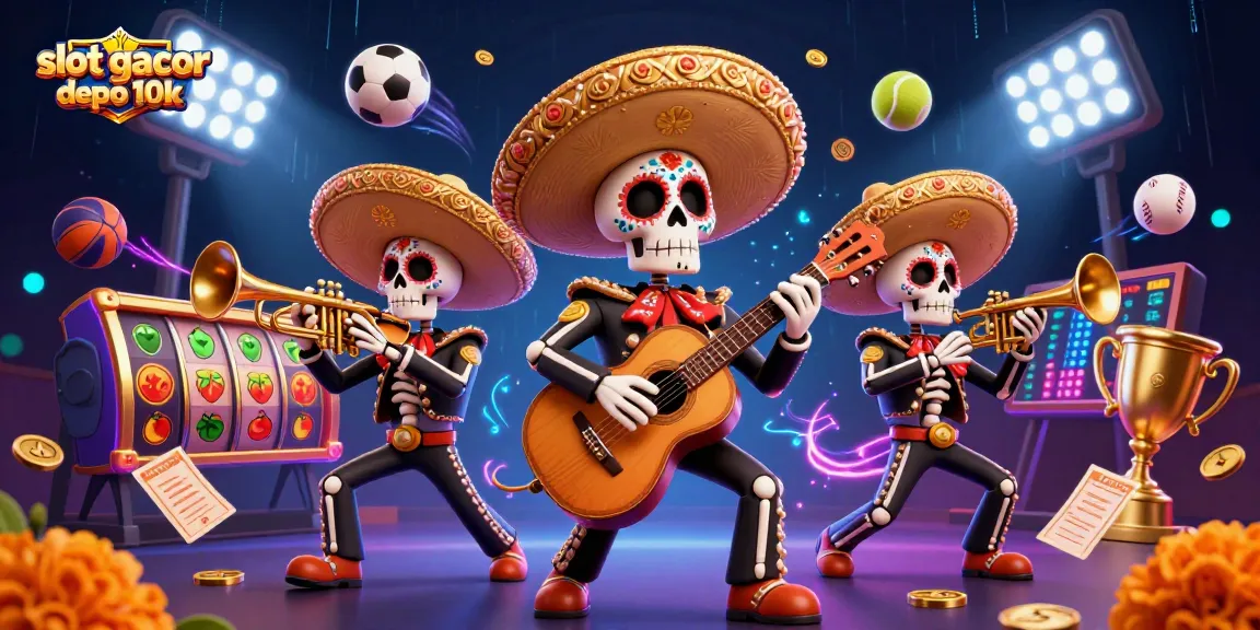 Mainkan slot gacor depo 10k dengan ilustrasi mariachi yang penuh warna dan elemen permainan menarik.