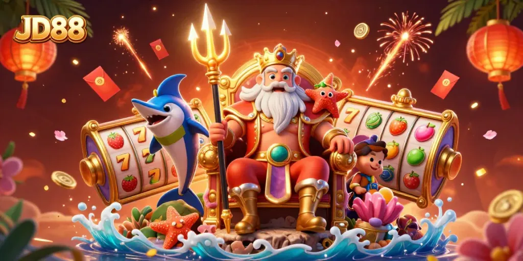 Engage with JD88 in an exciting online casino adventure featuring vibrant slot reels and cartoon characters.