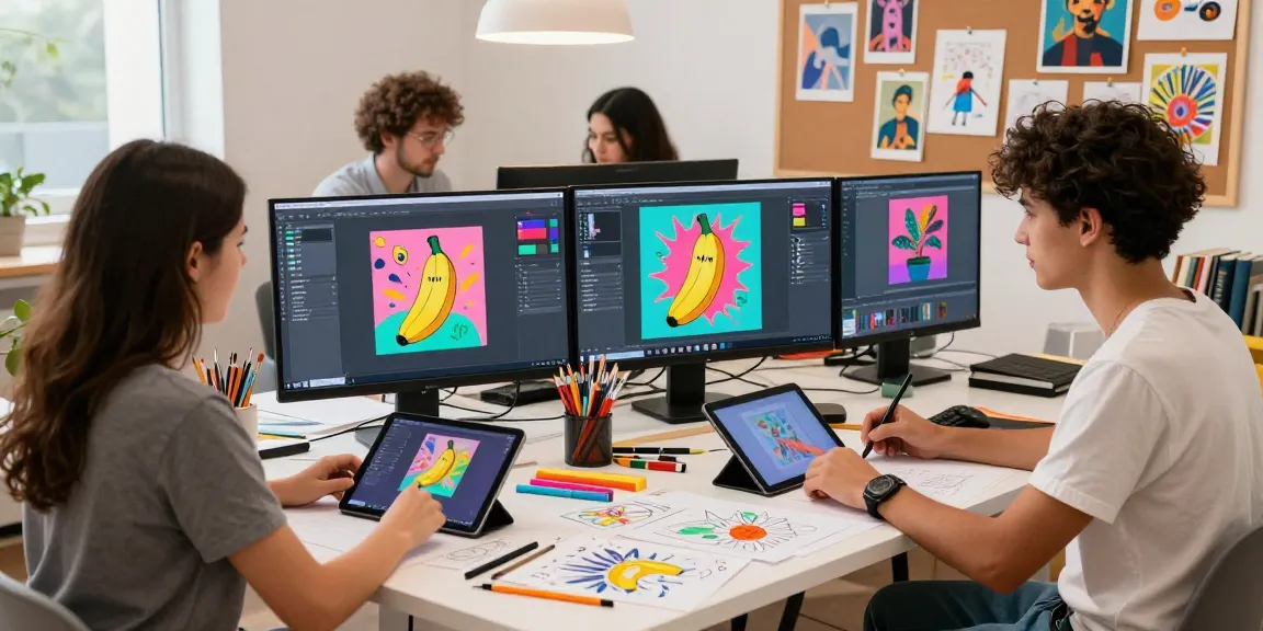 Creative individual using nano banana AI image editor in colorful art studio.