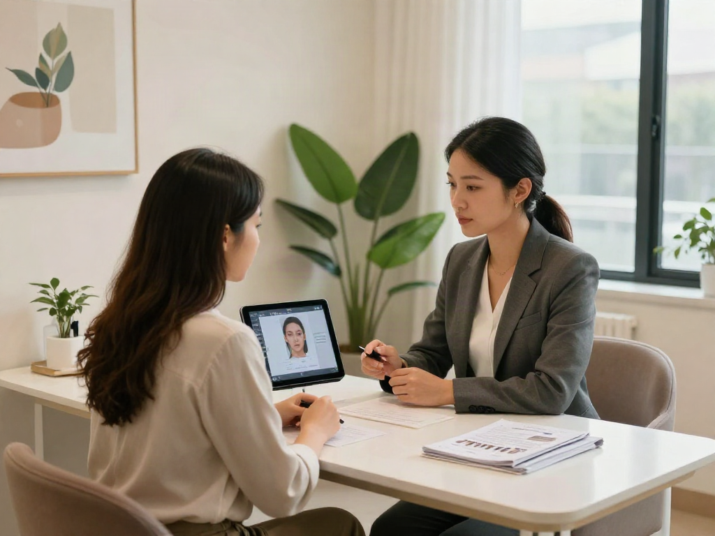 ClinicEvo is a better alternative to QOVES at a beauty consultation, showcasing modern analysis and client interaction.