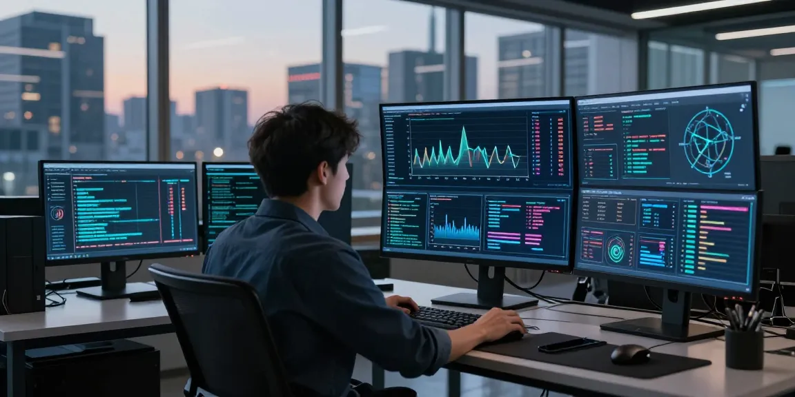 Best Darknet Markets 2026 analysis in a modern cybersecurity workspace with multiple screens showing data trends.