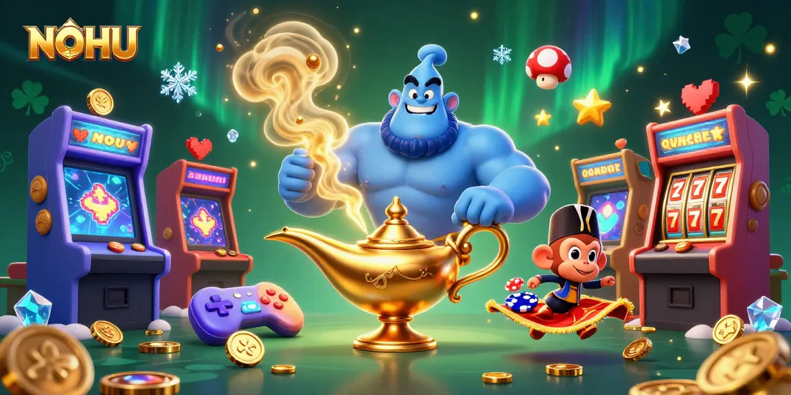 Experience NOHU's exciting slot adventures with a genie, monkey, and poker chips amidst vibrant gaming elements.