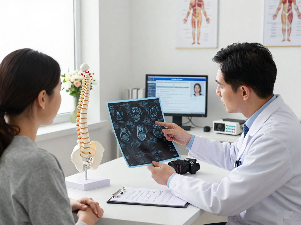 Boyun fıtığı ameliyatı consultation, doctor showing MRI results to patient in a bright office.