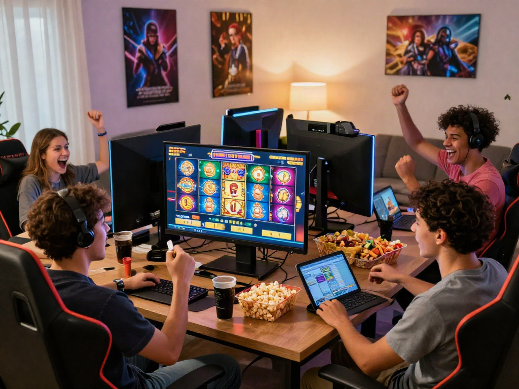 Friends enjoying slot88 gaming session in a cozy living room atmosphere.