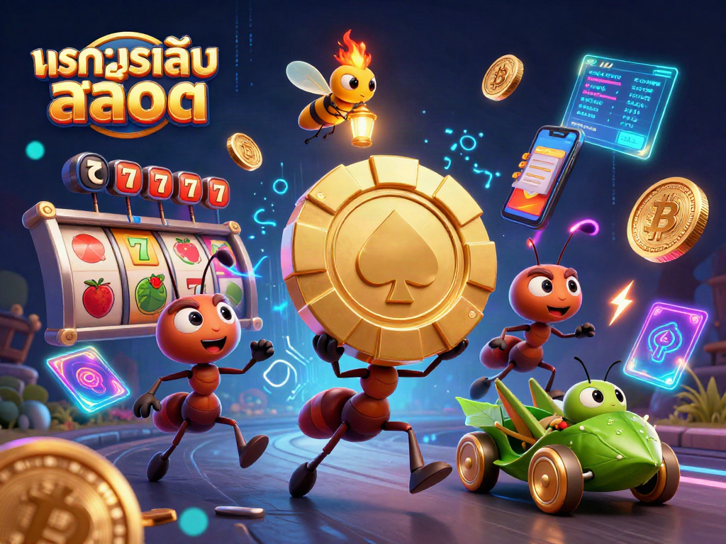 Experience ทดลองเล่นสล็อต with animated ants heisting a giant poker chip amidst vibrant jackpot visuals.