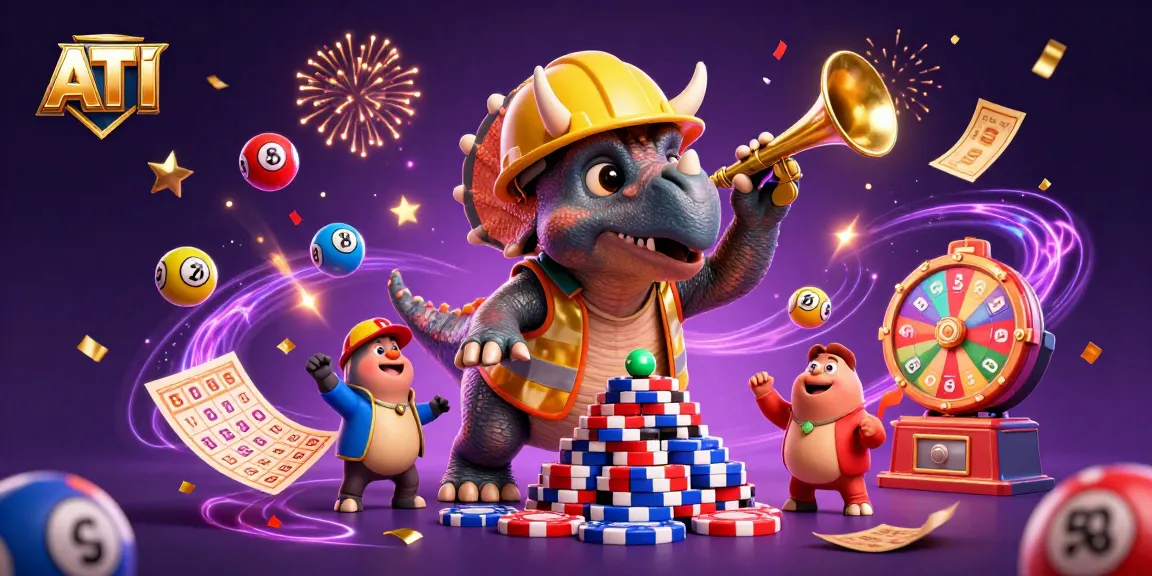 Engage with the exciting ATI lottery scene featuring dinosaurs celebrating with colorful lottery balls and a vibrant atmosphere.