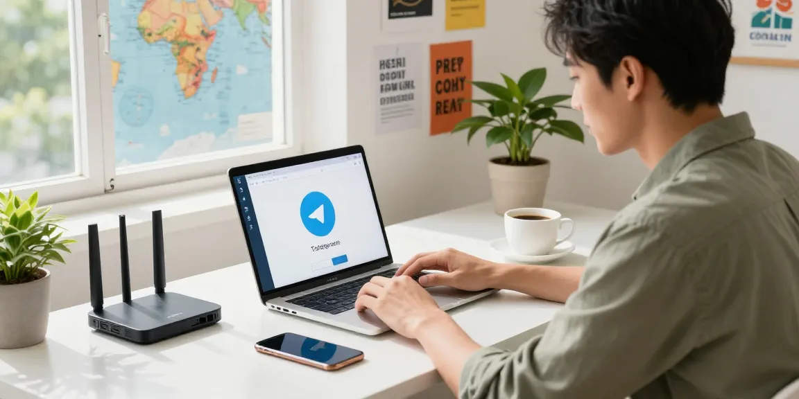 Accessing Telegram in China FAQ with a digital nomad in a tech workspace.