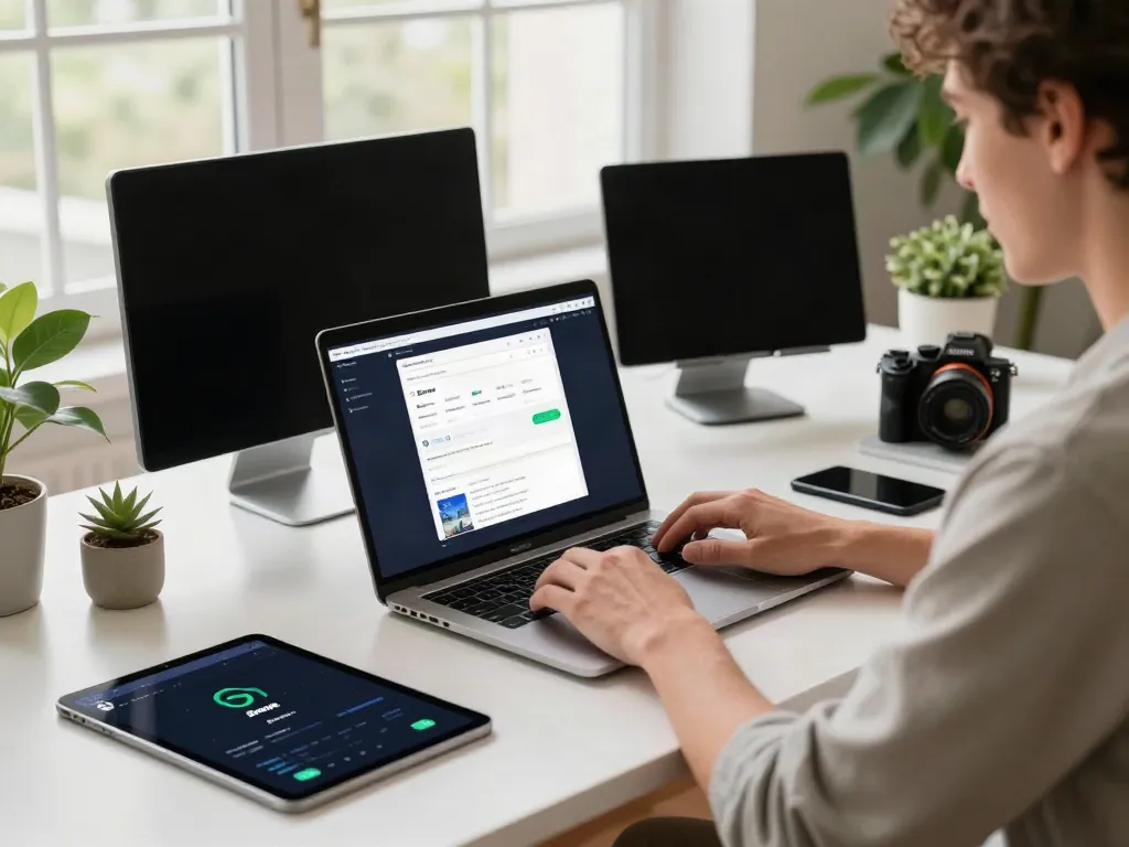 Brave browser in action on a laptop in a modern workspace.