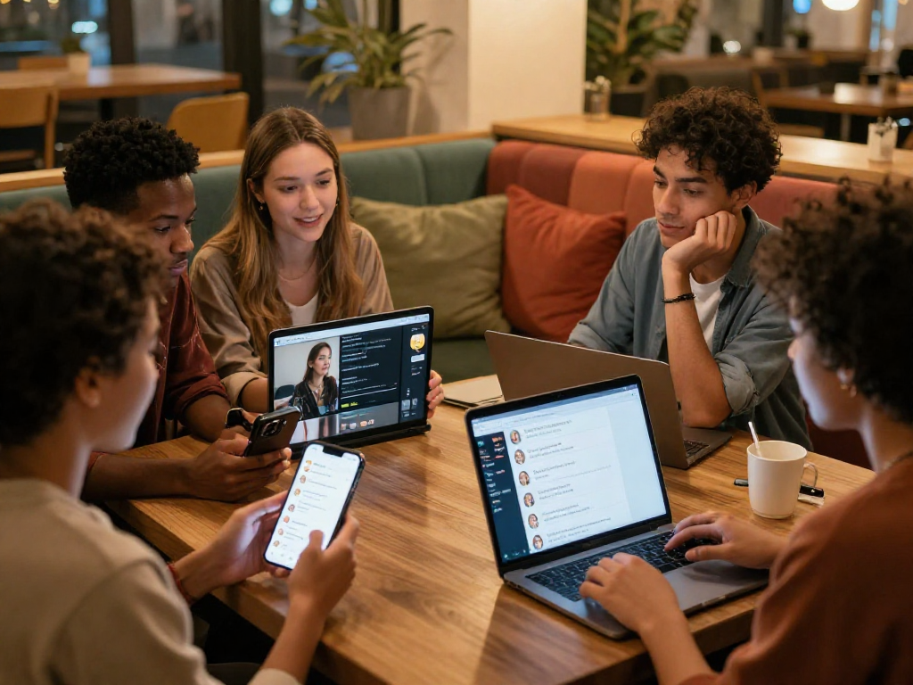 Engaging scene of users enjoying free ai sex chat on their devices in a cozy café.