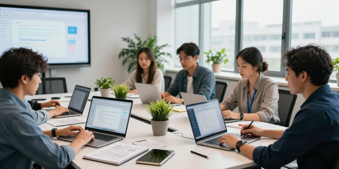 Team collaborating on WPS下载 in modern office environment, showcasing teamwork and productivity.