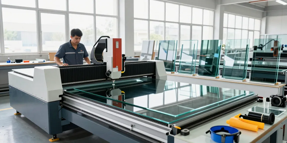 CNC glass cutting machine in action at a modern glass processing workshop with skilled technician cutting large glass sheets.