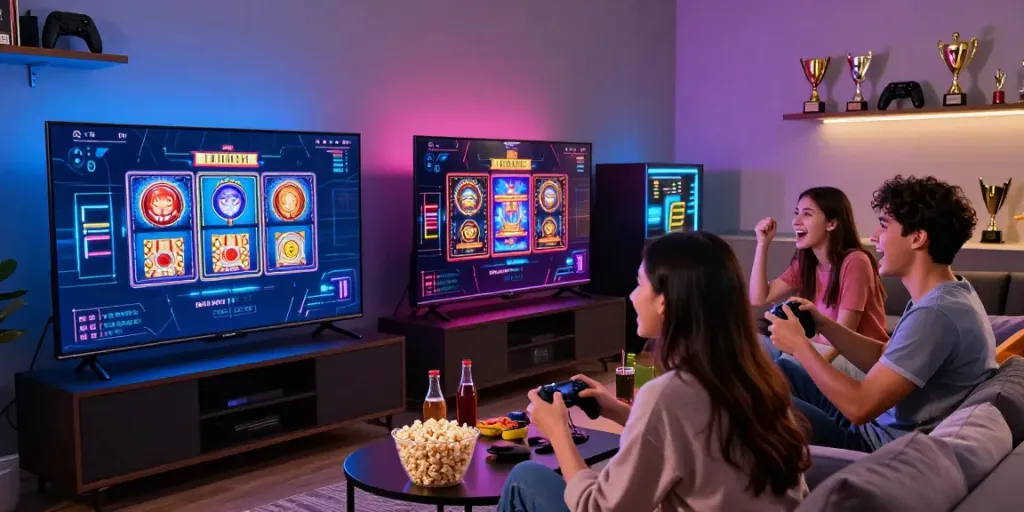 Friends playing slot games on a modern console in a vibrant gaming room.