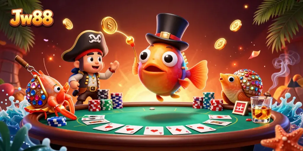 Engaging Jw88 scene with a deep-sea anglerfish, pirate shrimp, and treasure snail on a vibrant poker table.
