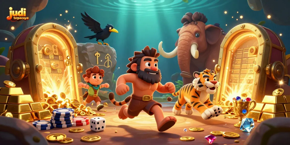 Experience thrilling moments at judi bola terpercaya with a lively prehistoric casino scene featuring animated characters and vibrant treasure elements.
