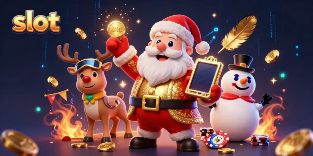 Experience thrilling slot gameplay with Santa Claus and fun characters in a vibrant casino scene.