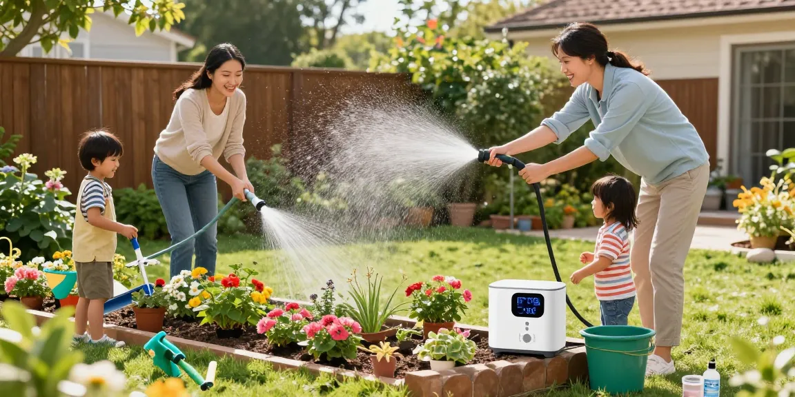 Family using a rainpoint automatic watering system in a vibrant garden, enjoying smart watering technology.