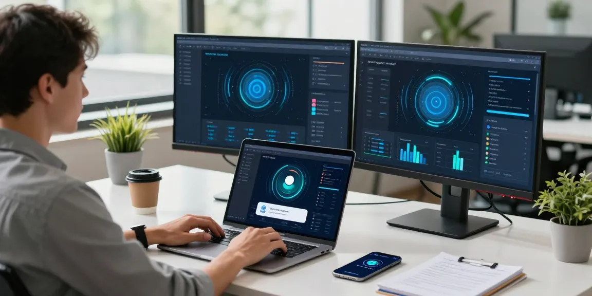 快连 user enjoying enhanced network speeds with optimized software in a modern office.