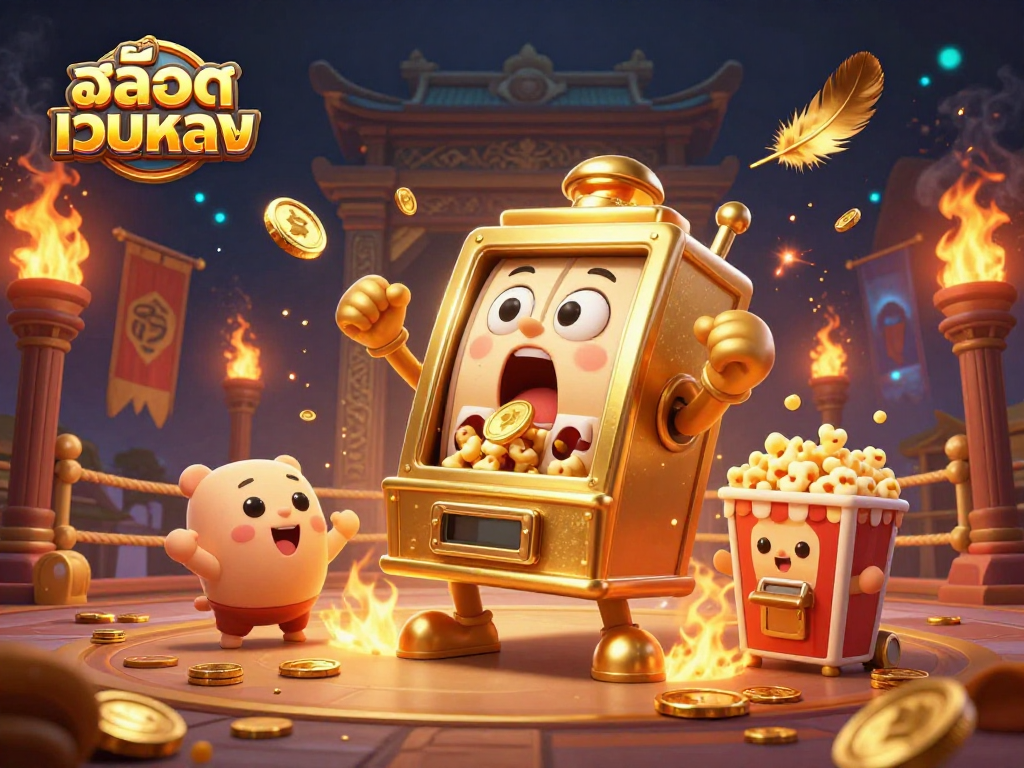 Experience the thrill of สล็อตเว็บตรง with a golden slot machine hitting a jackpot surrounded by coins.