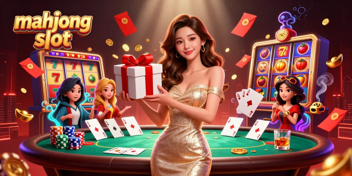 Play the mahjong slot game surrounded by festive casino elements and vibrant visuals.