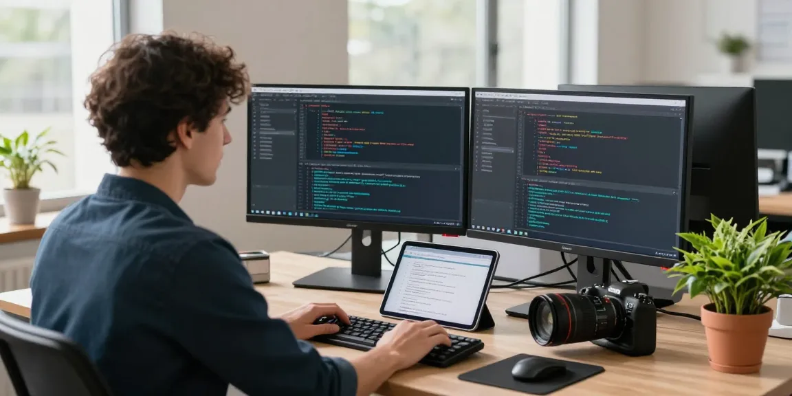 Developer coding the 纸飞机中文版 interface in a modern tech workspace with dual monitors and vibrant surroundings.