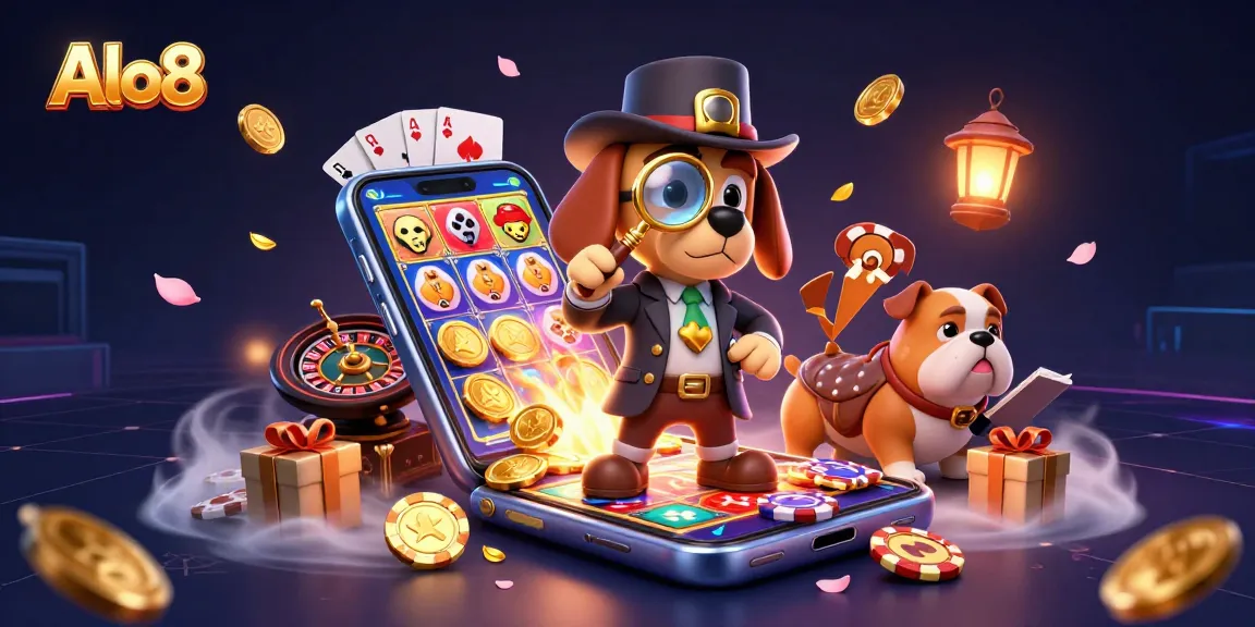 Alo8 features a casino adventure with a detective bloodhound examining poker chips amidst colorful gaming elements.