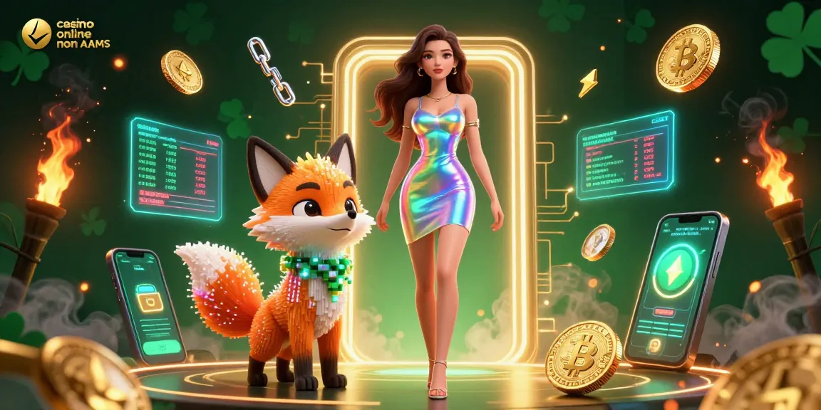 Gioca e vinci nei casino online non AAMS con immagini vivaci che presentano monete crypto al neon e un'atmosfera futuristica.