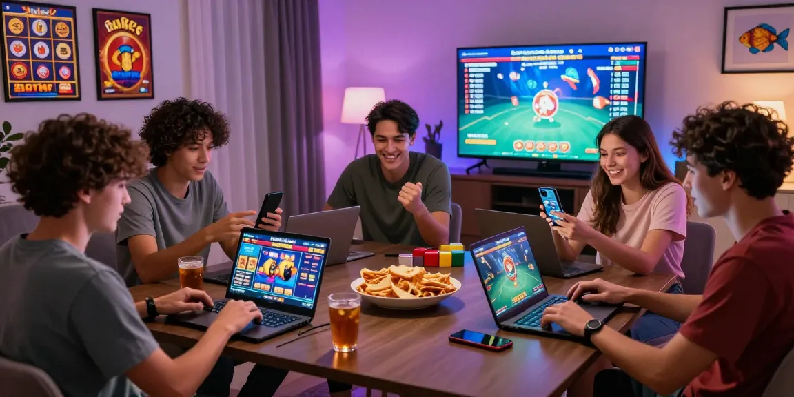 Friends enjoying game bài đổi thưởng in a cozy setting, showcasing excitement and camaraderie in online gaming.