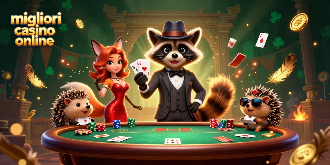 Scopri l'emozione dei migliori casino online con una dinamica scena 3D che presenta un procione elegante e i suoi amici.