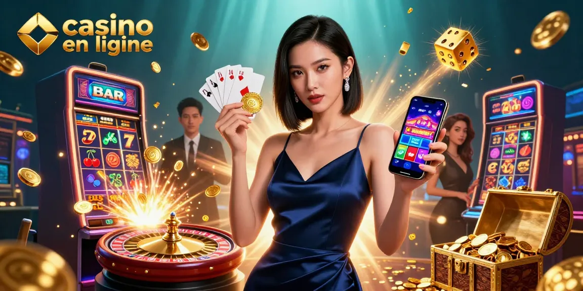Plongez dans l'excitation du casino en ligne avec une femme élégante montrant une application de casino et des jetons gagnants.