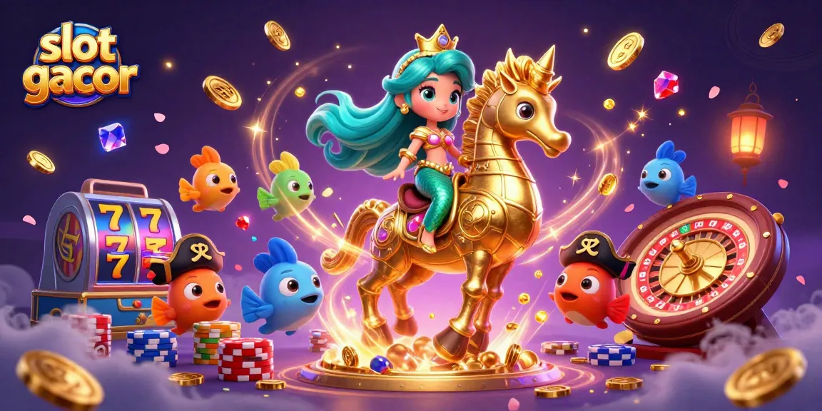 Players enjoy slot gacor with vibrant scenes of a mermaid, seahorse, and colorful gems flying around.