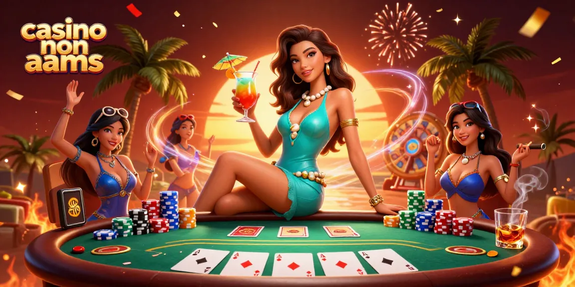 Vivi l'emozione dei casino non aams con una donna elegante che si gode un cocktail tropicale tra poker ed elementi vibranti del casinò.