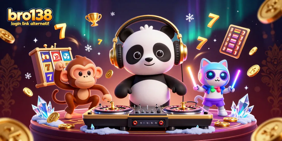 Engage with the vibrant world of gambling at bro138 login link alternatif, where a DJ panda spins luck on roulette wheels among lively characters.