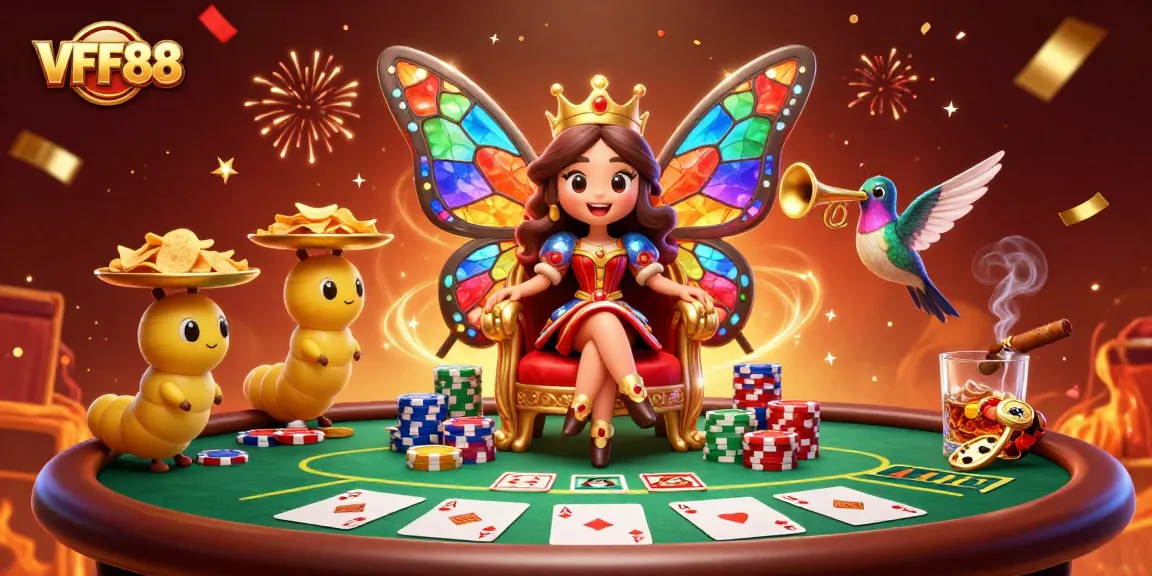Experience VFF88's vibrant online casino scene with a whimsical butterfly queen and poker action.