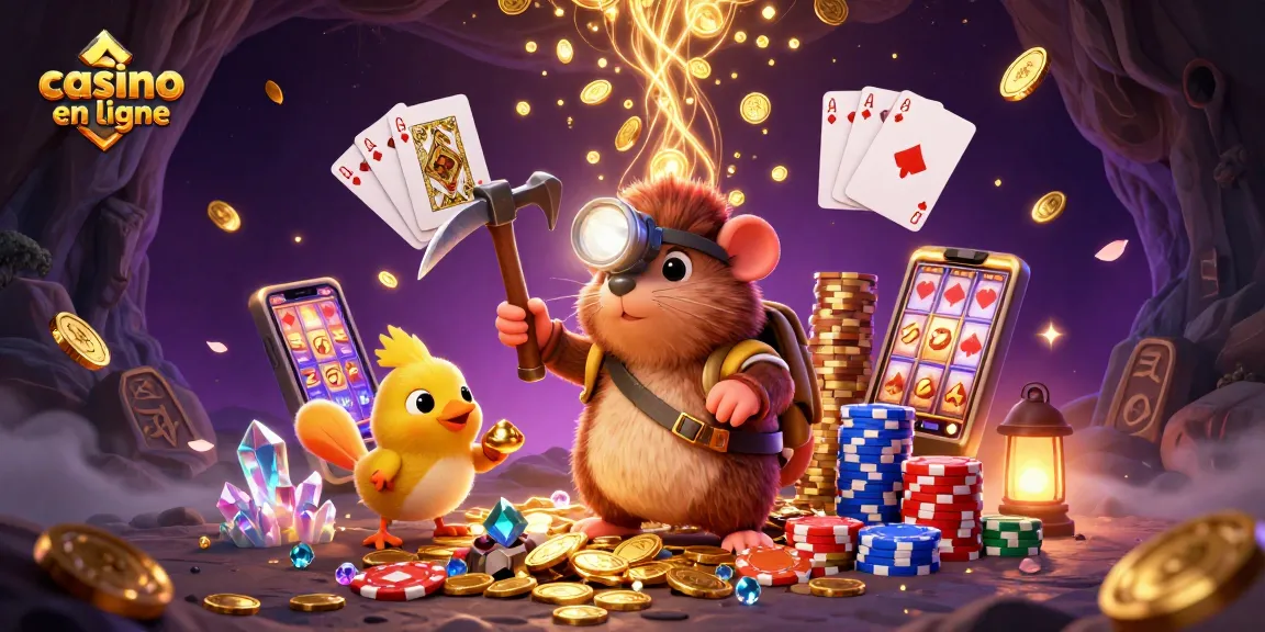 Visualisez un casino en ligne vibrant avec un taupe chassant des trésors et des canaris dans un univers dynamique.