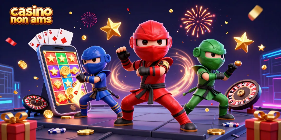 Casino non AAMS: gioca e vinci con un'illustrazione di camaleonte ninja in azione tra slot e giochi di carte.
