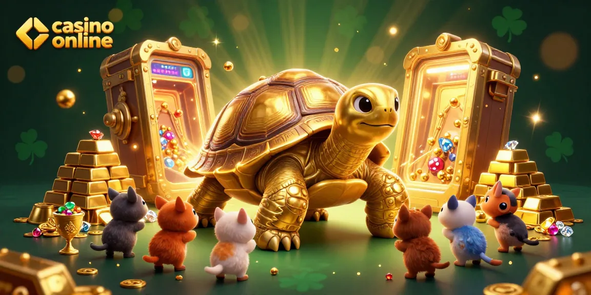 Gioca nei migliori casino online con una tartaruga dorata che funziona come un flipper, circondata da tesori.