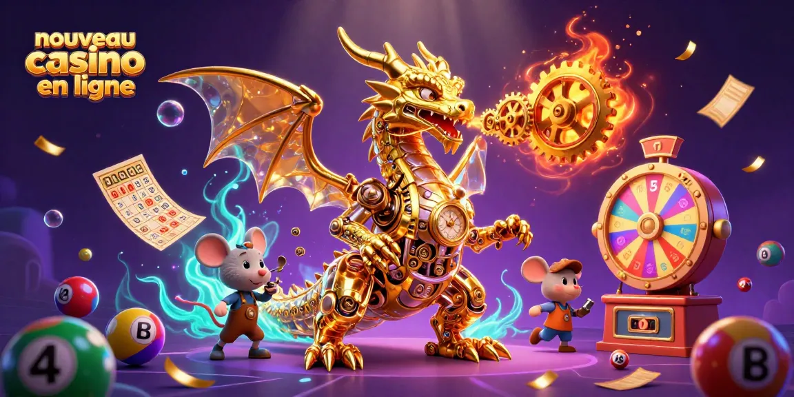 jouez au nouveau casino en ligne avec une illustration dynamique de dragon, boules de loterie et tickets en or