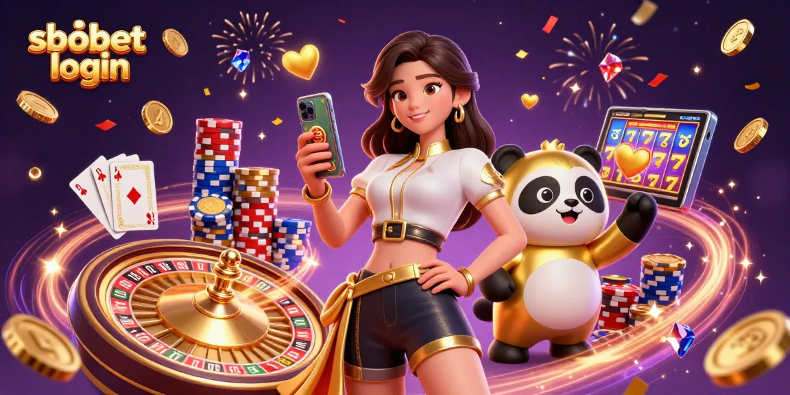 Engage with sbobet login through a vibrant casino scene featuring an Asian woman and golden panda amidst dynamic gaming elements.