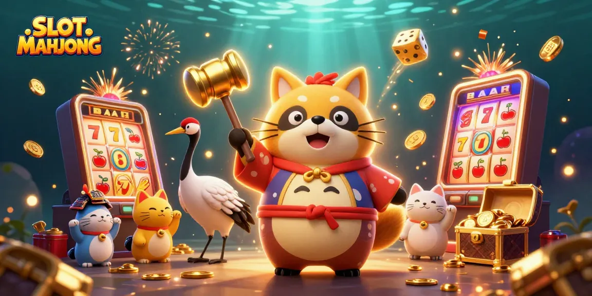 Experience exciting wins with SLOT MAHJONG as cheerful characters gather around vibrant casino elements.
