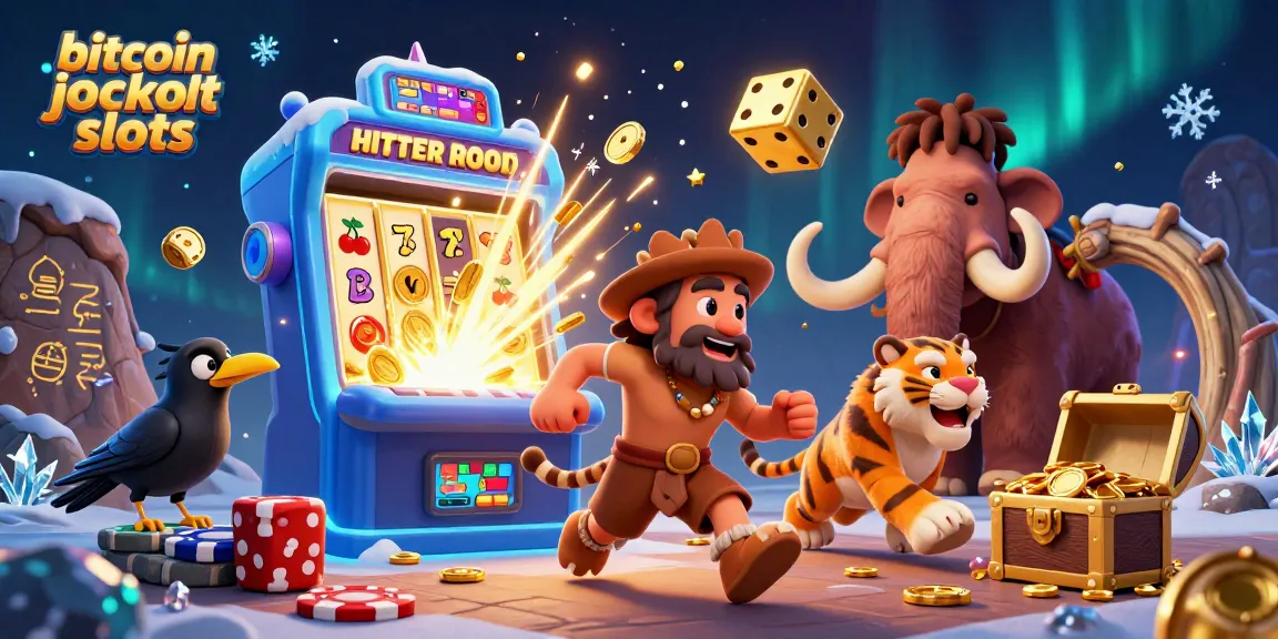 Play exciting bitcoin jackpot slots with unique prehistoric characters in a vibrant casino scene