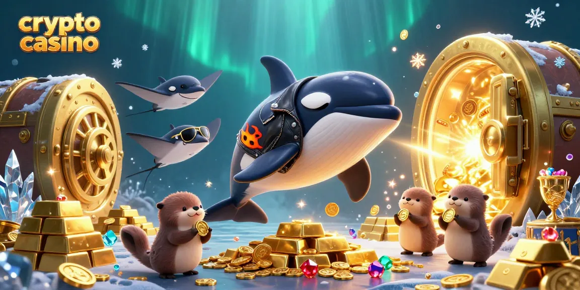 Giocare in un crypto casino: orca in giacca di pelle e pesce manta circondati da ricchezze