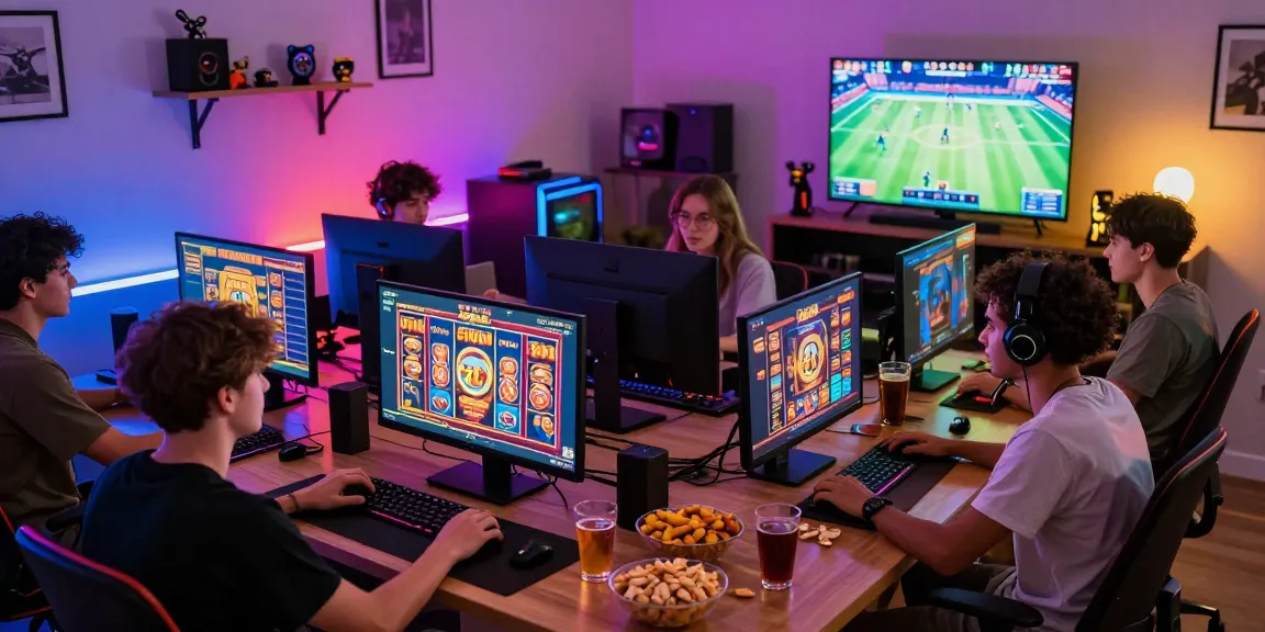 Engaging slot depo 5000 gaming night with friends surrounded by colorful lights and screens showcasing various slot games.