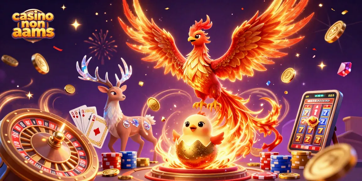Giocando in un casino non AAMS, una fenice di fuoco vola sopra monete dorate e giochi da tavolo, creando un'atmosfera festosa.