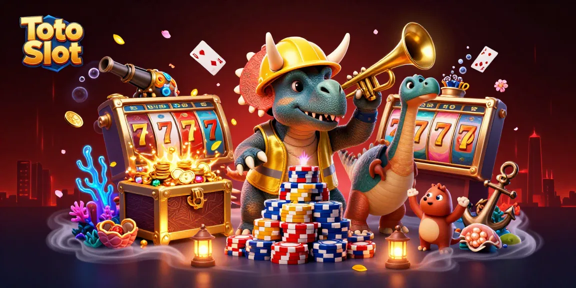 Permainan Toto Slot dengan dinosaurus beraksi membangun piramid chip poker dalam suasana meriah.