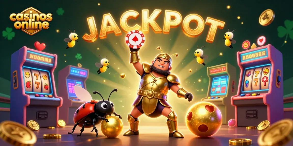 Los mejores casinos online en España con un escarabajo hercúleo celebrando un jackpot