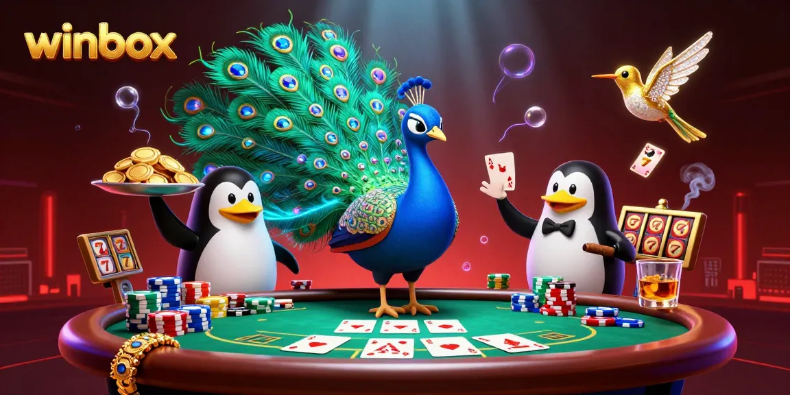 Winbox captures exhilarating poker moments with charming characters amidst vibrant casino elements.