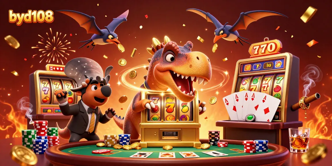 Permainan jackpot byr108 dengan karakter hewan kartun dan mesin slot yang mengeluarkan koin emas.